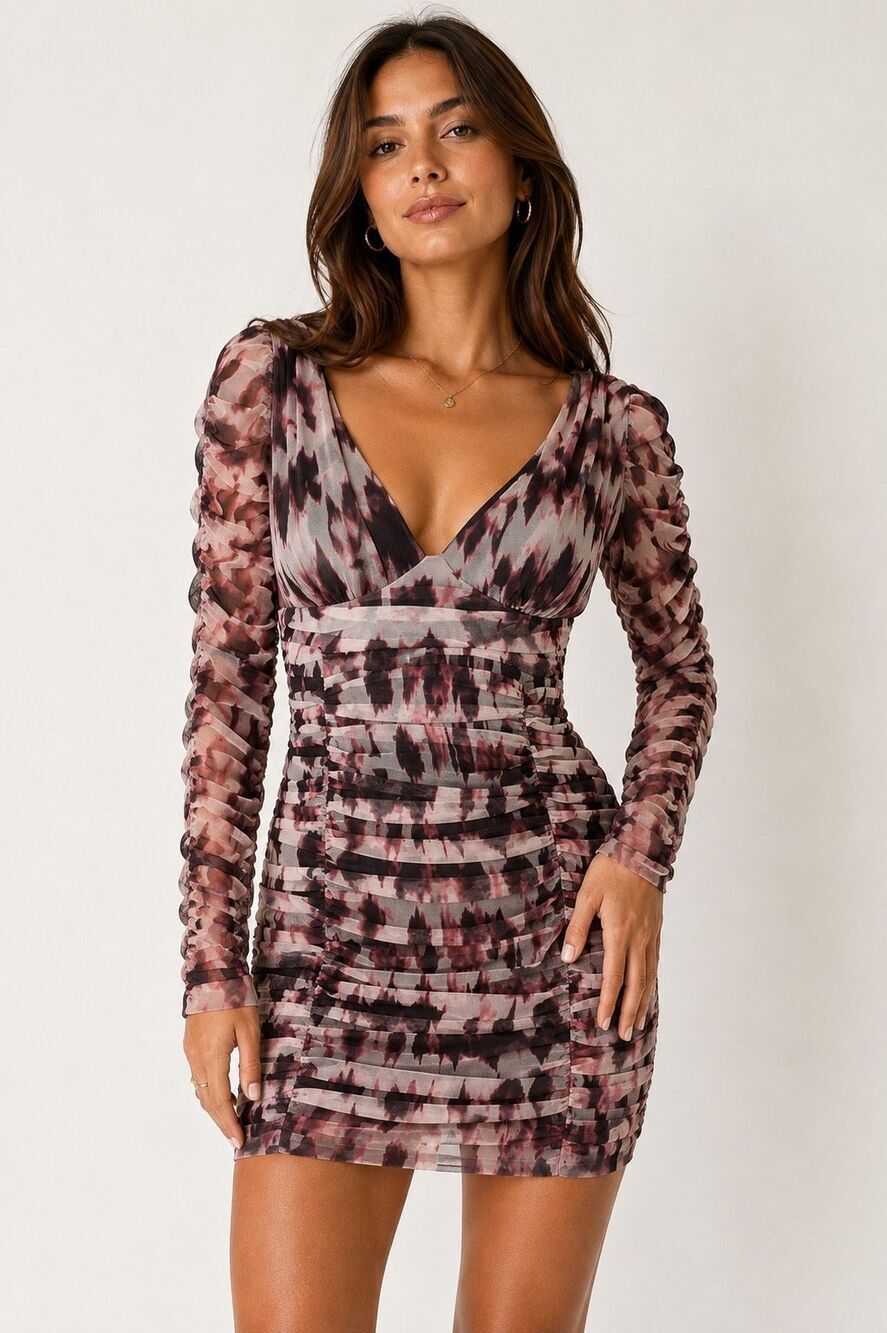 ZARA Ruched Mesh Mini Dress M Abstract Print Long Sleeve V Neck Bodycon